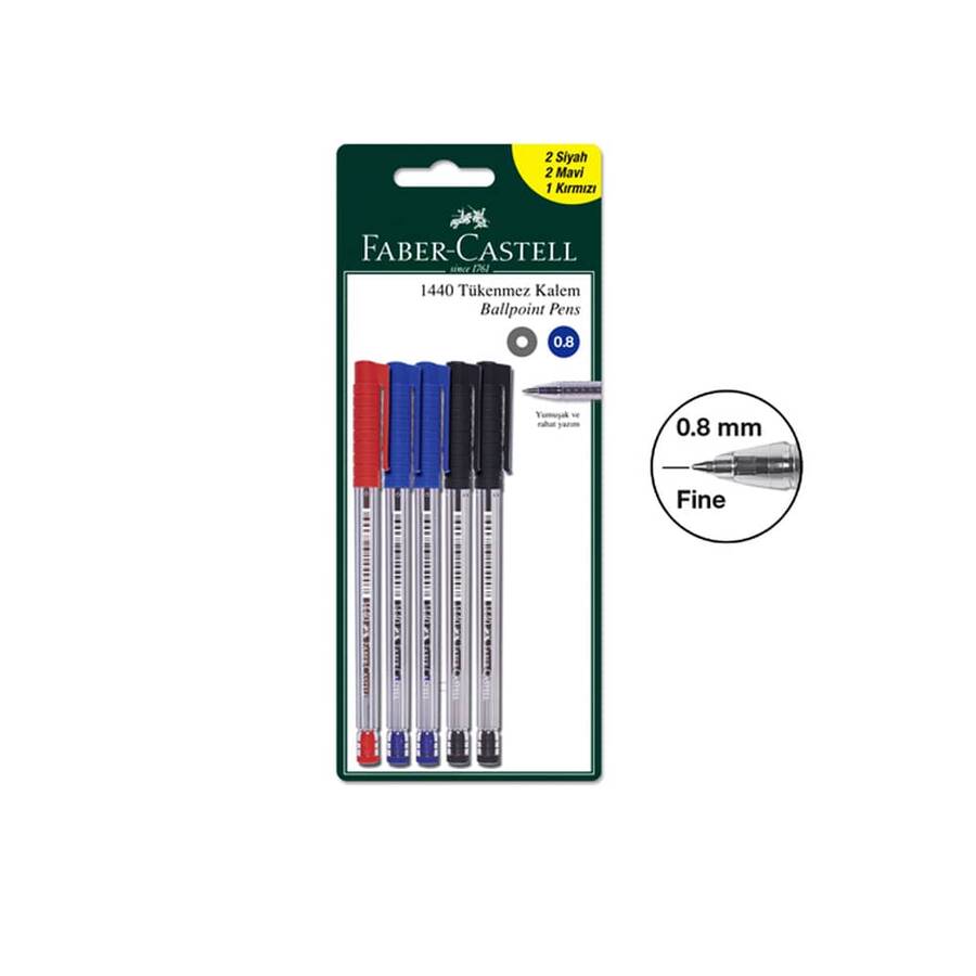 Faber Castell 1440 Tükenmez Kalem 5'li Set (2 Mavi-2 Siyah-1 Kırmızı)