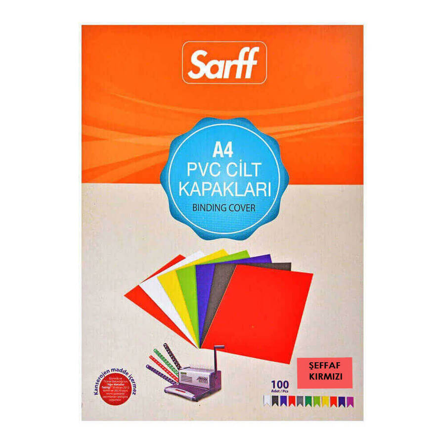 Sarff Cilt Kapağı A4 160 Micron PVC Şeffaf Kırmızı 100'lü