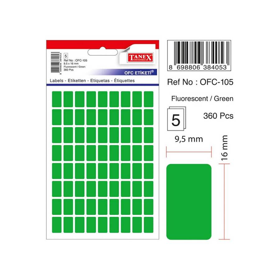 Tanex Ofis Etiketi 9,5x16 mm Floresan Yeşil Ofc-105
